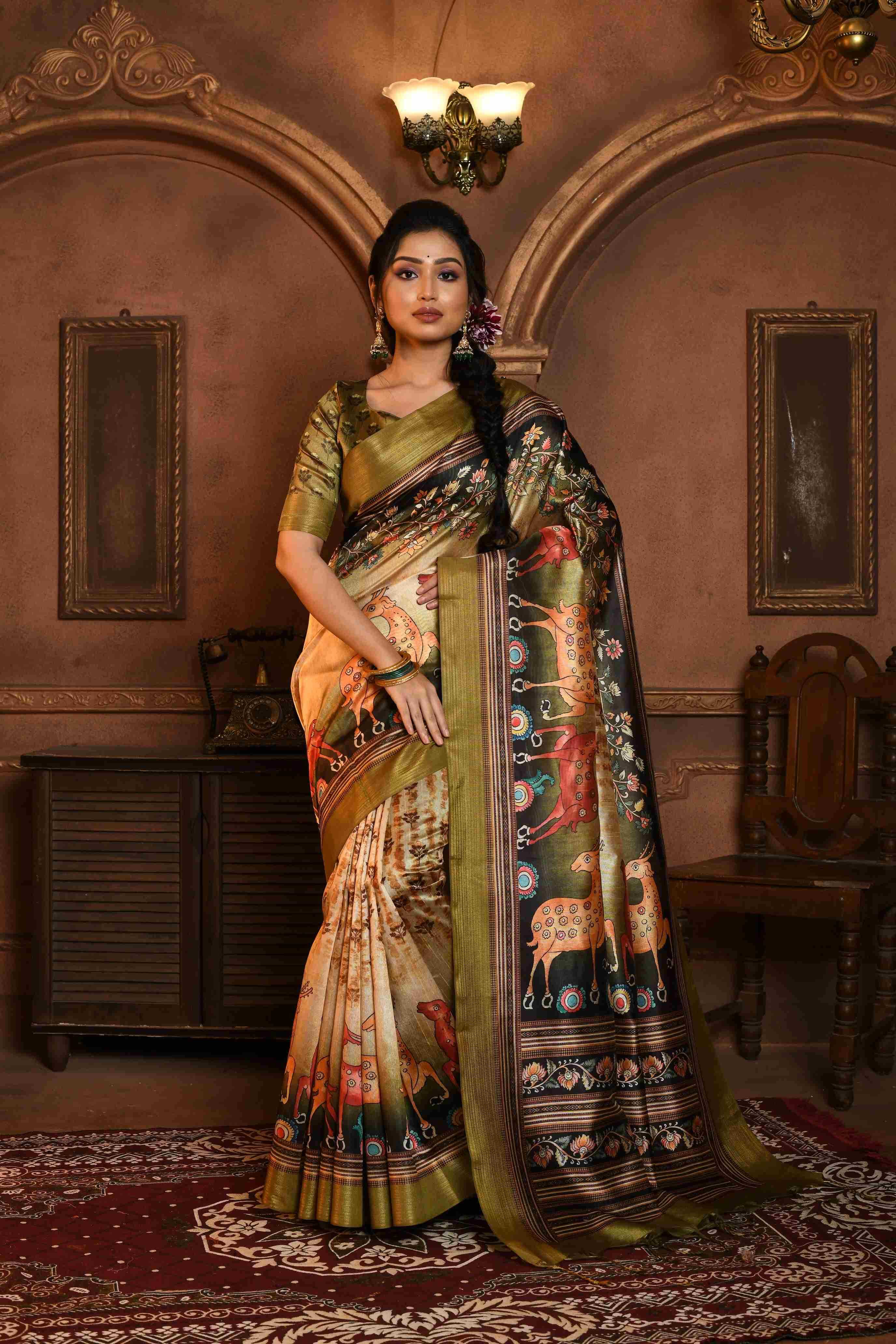 Ynf Tussar Silk KESH166 YESHA HARAN Silk Sarees Wholesale Soft Silk Sarees Printed Silk Saree Kalamkari Silk Sarees Manufacturer