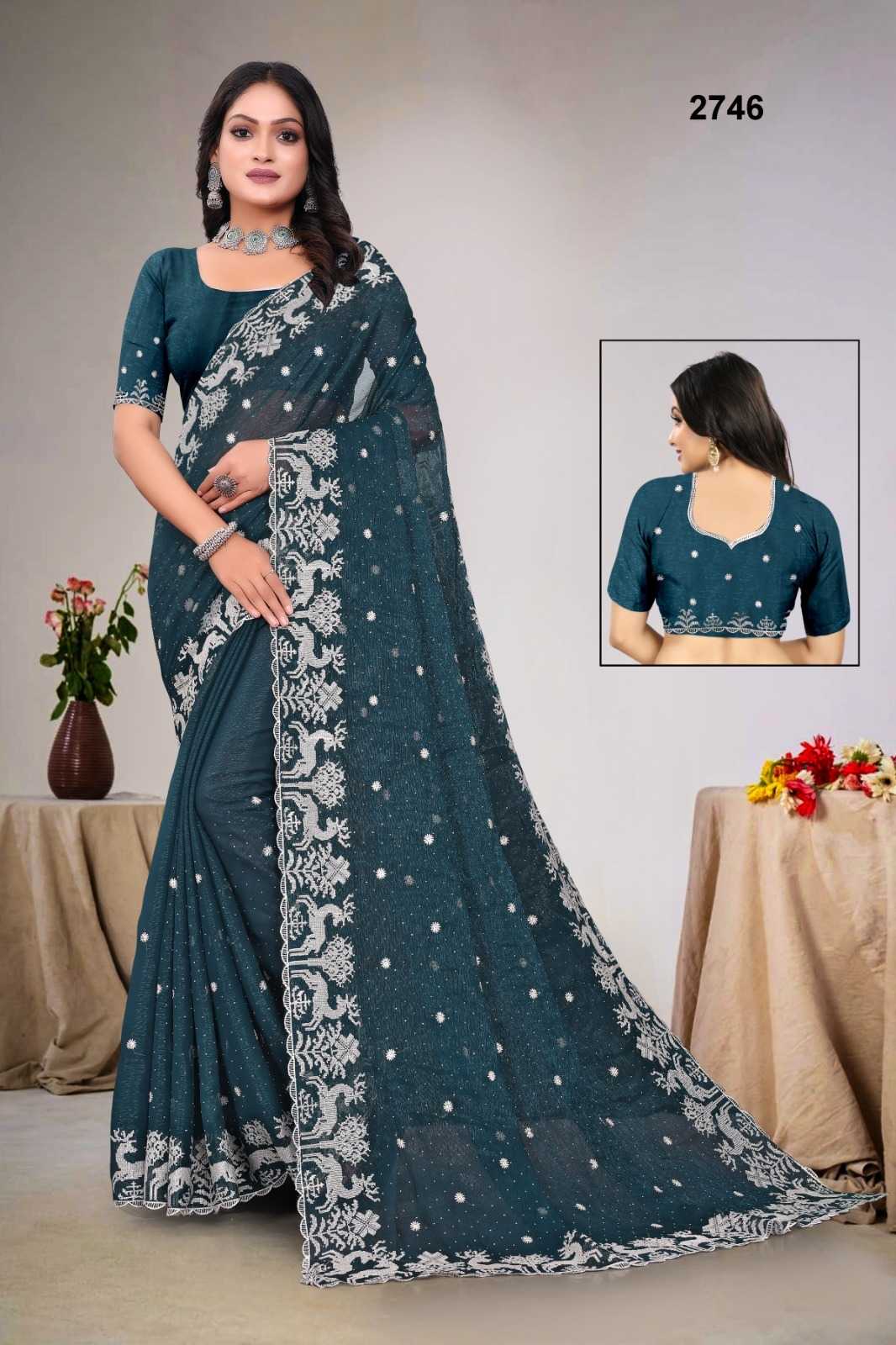 Ynf Blooming KESH114 2746 Sarees Wholesale Embroidered Sarees Stone Work Saree Zari Border Sarees Manufacturer