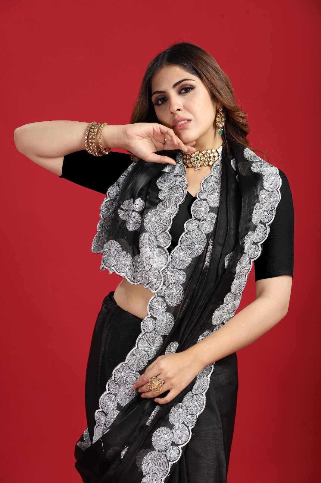 Ynf Georgette RIN185 SARA Sarees Wholesale Designer Sarees Embroidered Sarees Black Sarees Manufacturer