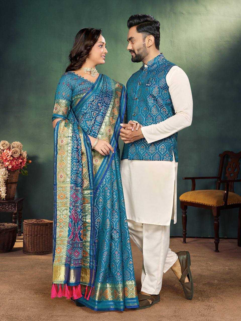 Ynf Jequard Silk RIN173 MOH-MAYA-2 Couple Wear Wholesale Matching Festive Outfits for Couples Couple Kurta Pajama and Saree Sets Manufacturer