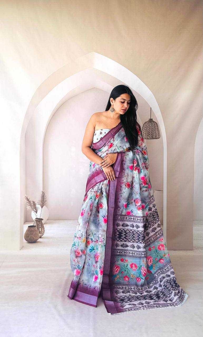 Ynf Linen RIN145 SKY Sarees Silk Sarees Festive Collections Wholesale Cotton Linen Sarees Printed Cotton Saree Holi Collections Manufacturer