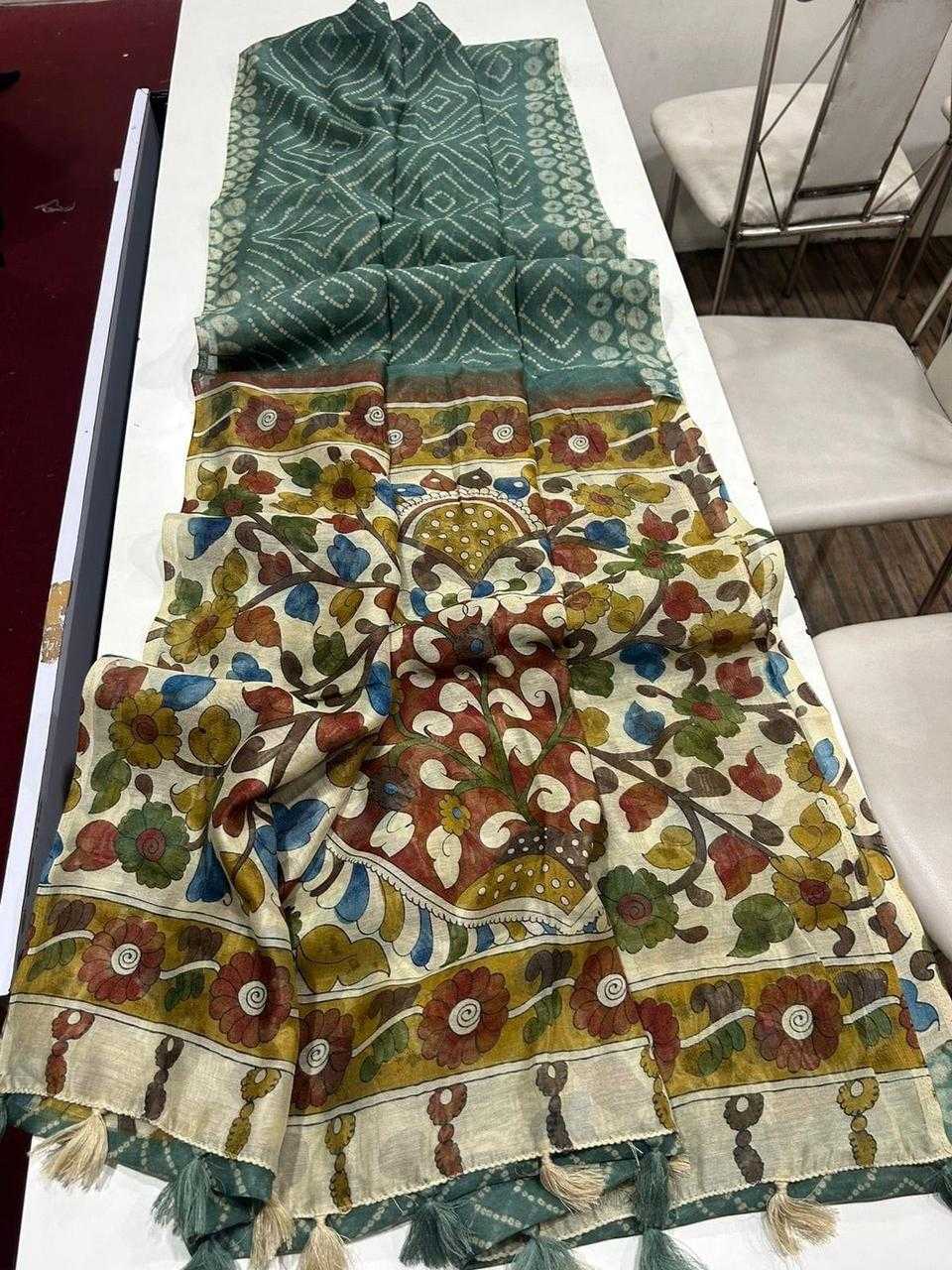 YNF LINEN RAE 07 SAREES WHOLESALE LADIES KALAMKARI BANDHANI BANDHEJ SAREES MANUFACTURER