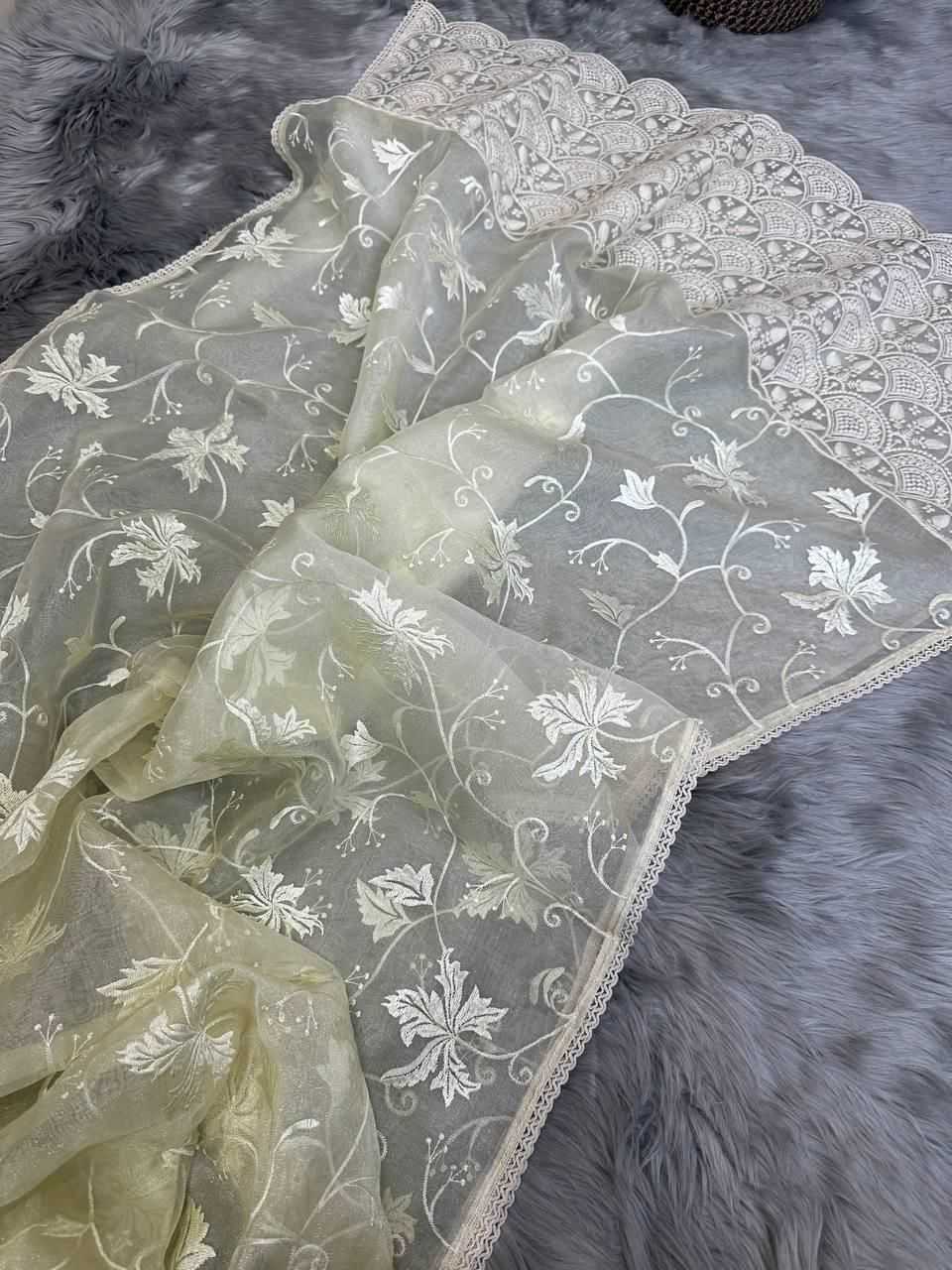 YNF ORGANZA SILK MPL ISHAQ SAREES WHOLESALE ORGANZA NIKITA DUTTA WORK CHIKAN SAREES MANUFACTURER