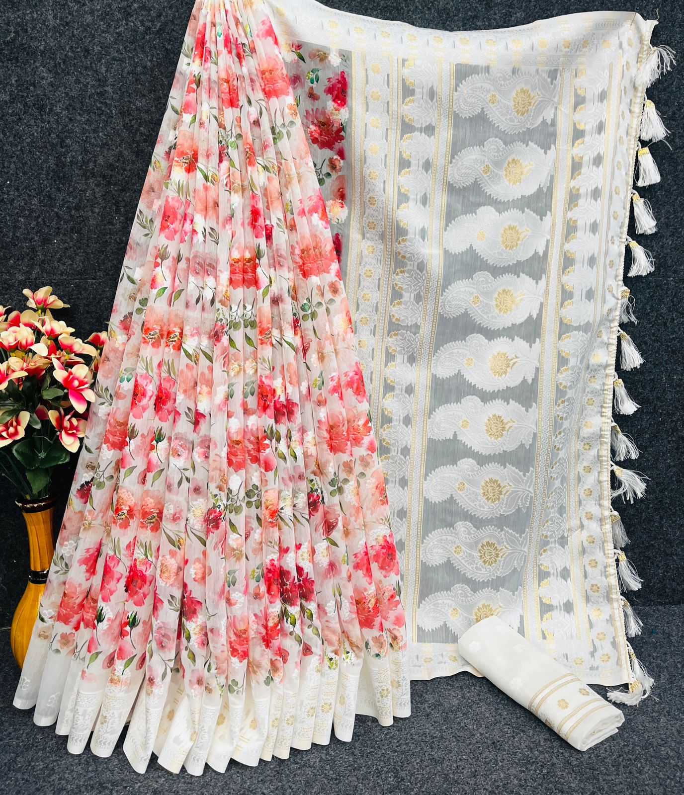 YNF PURE LINEN RIN159 PCF06 SAREES WHOLESALE PRINTED JACQUARD ZARI BORDER SAREES MANUFACTURER