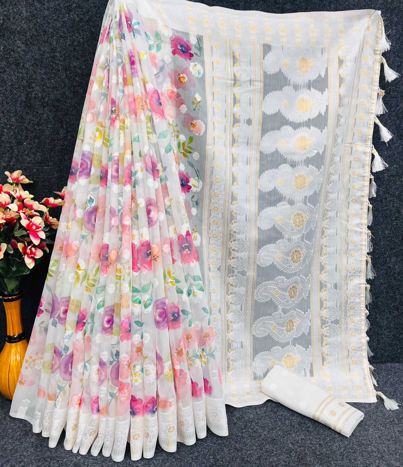 YNF PURE LINEN RIN159 PCF06 SAREES WHOLESALE PRINTED JACQUARD ZARI BORDER SAREES MANUFACTURER