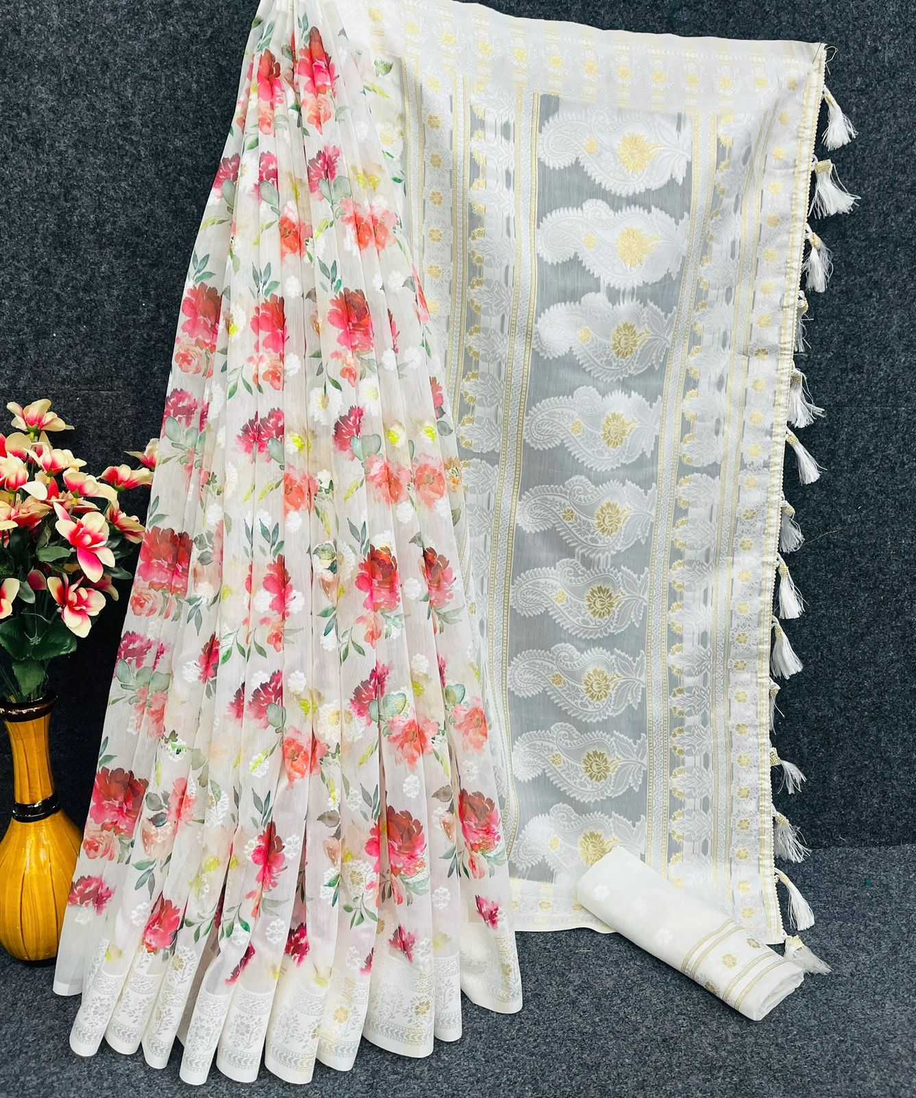 YNF PURE LINEN RIN159 PCF06 SAREES WHOLESALE PRINTED JACQUARD ZARI BORDER SAREES MANUFACTURER