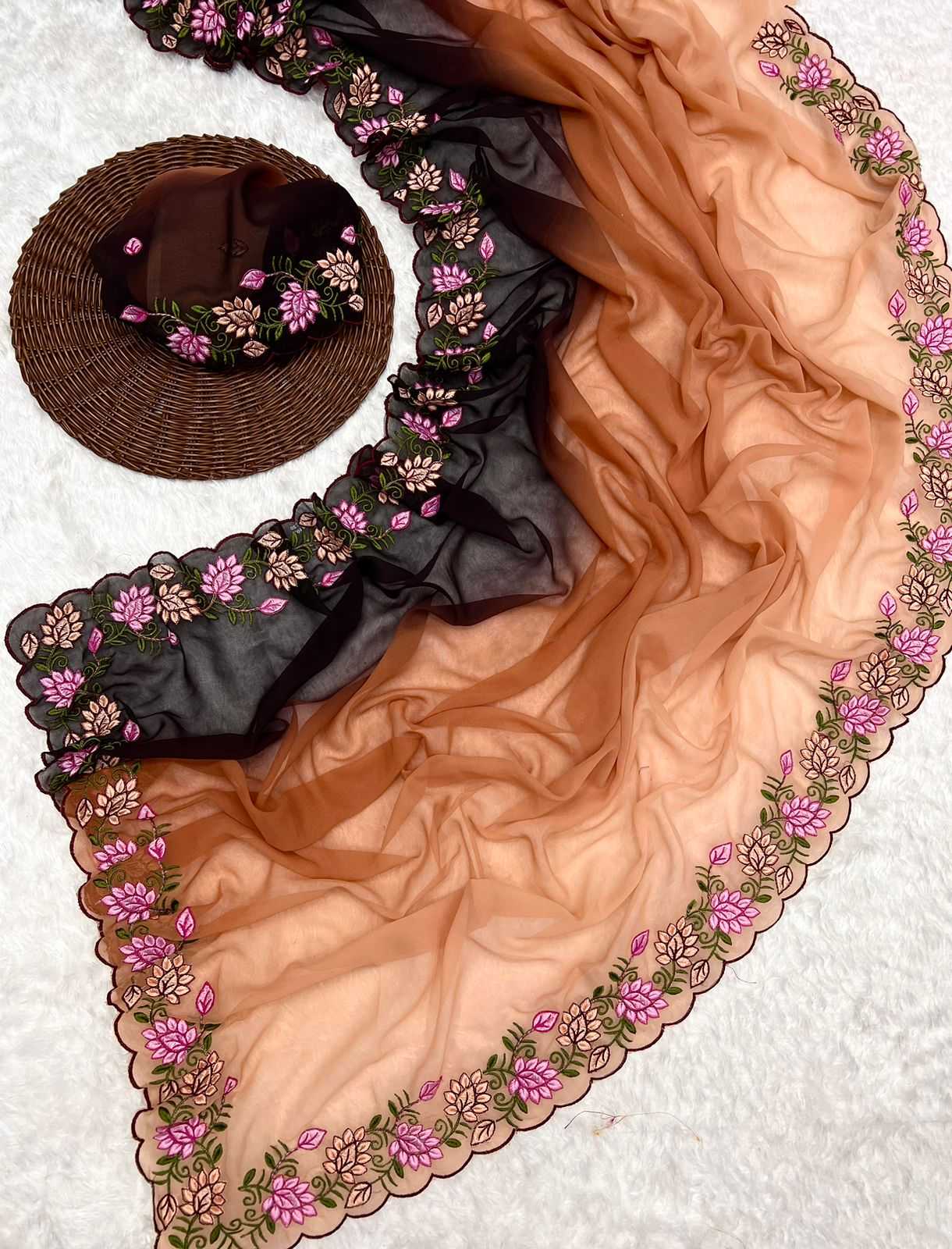 YNF GEORGETTE RIN199 SMH11 SAREES WHOLESALE GEORGETTE HALF AND HALF EMBROIDERED LACE BORDER CUTWORK SAREES MANUFACTURER
