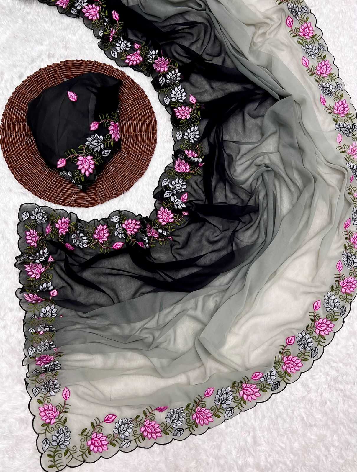YNF GEORGETTE RIN199 SMH11 SAREES WHOLESALE GEORGETTE HALF AND HALF EMBROIDERED LACE BORDER CUTWORK SAREES MANUFACTURER