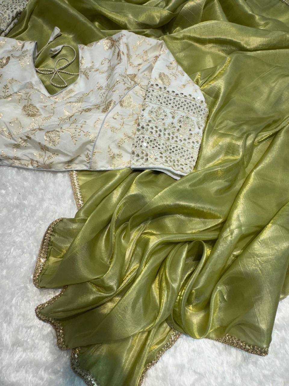 YNF TISSUE SILK KESH186 1018 SAREES WHOLESALE FANCY TISSUE SILK PLAIN SOLID LACE BORDER SILK SAREES WITH BLOUSE MANUFACTURER