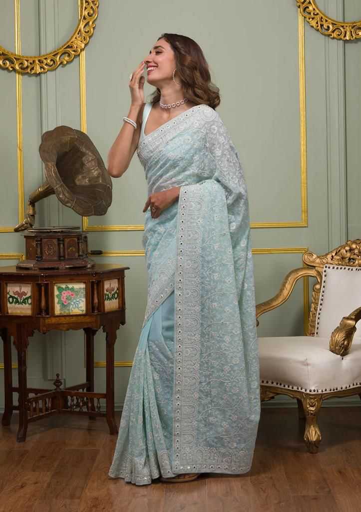YNFGEORGETTE RIN164 RRS86 SAREES WHOLESALE PARTY WEAR GEORGETTE SEQUENCE GOTA PAATI WORK SAREES MANUFACTURER