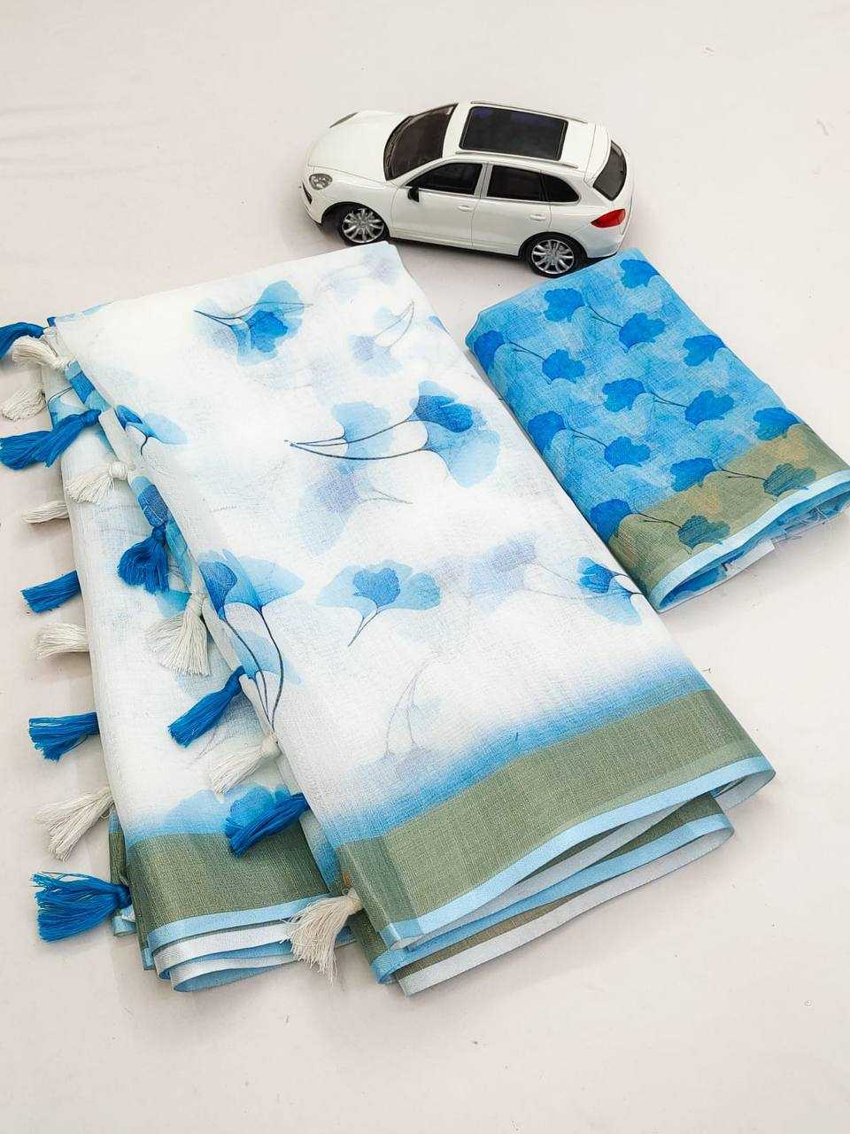 Original Linen With Gold Jari Patta Digital Print Saree YNF