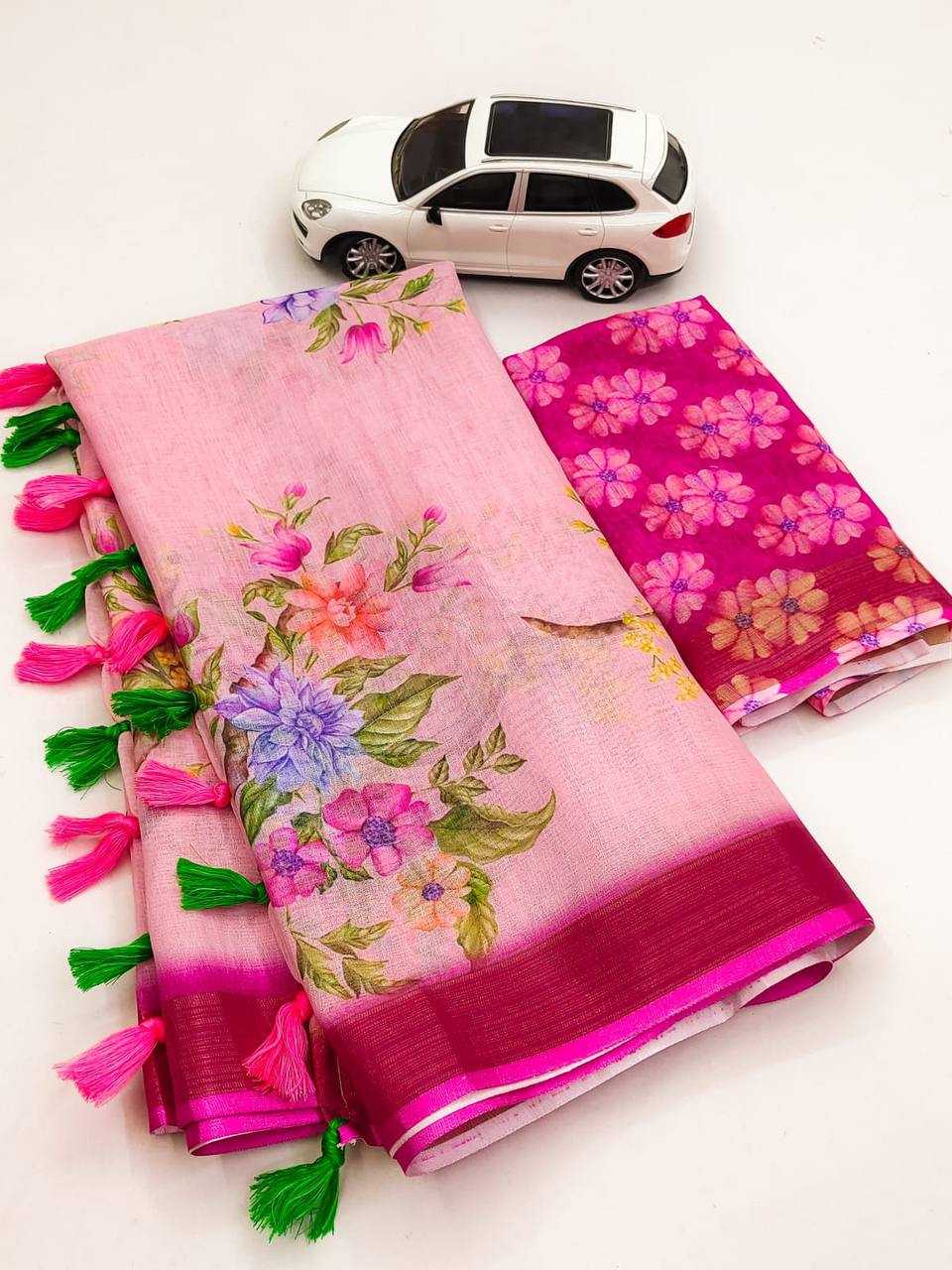 Original Linen With Gold Jari Patta Digital Print Saree YNF