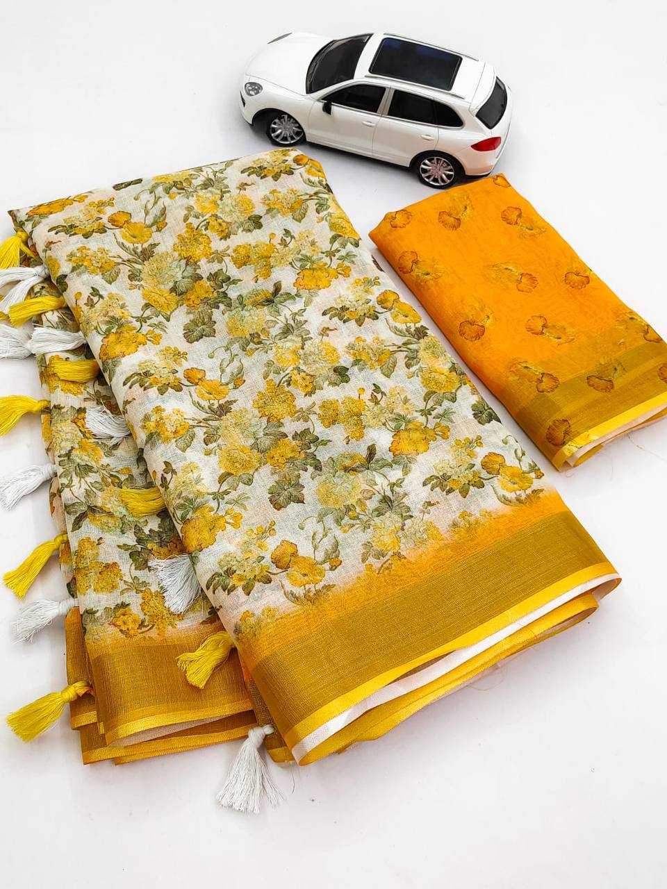 Original Linen With Gold Jari Patta Digital Print Saree YNF