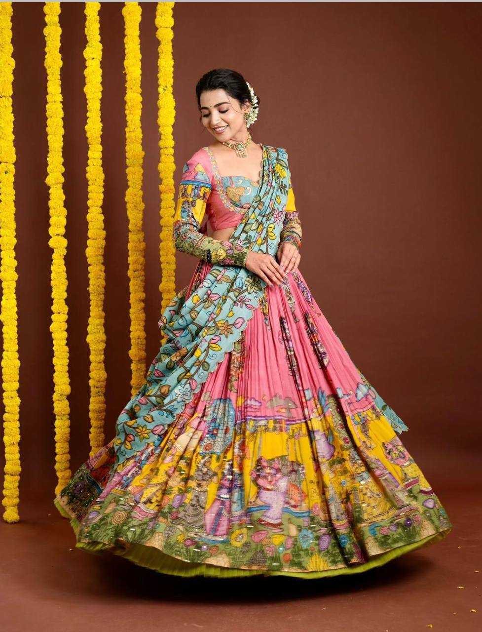 YNF CHENT CREPE KESH119 462 LEHENGAS WHOLESALE KALAMAKRI TRADITIONAL PRINTED LEHENGAS MANUFACTURER