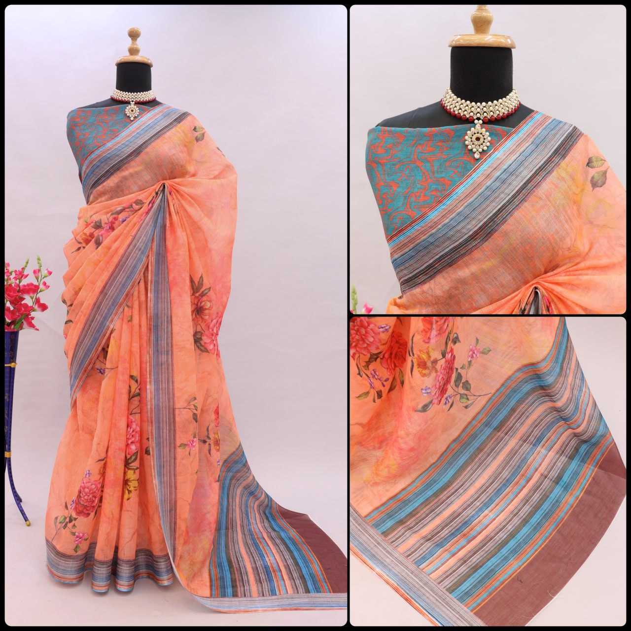 YNF LINEN KESH255 ETF03 SAREES WHOLESALE TRADITIONA PRINTED ZARI BORDER LINEN SAREES MANUFACTURER