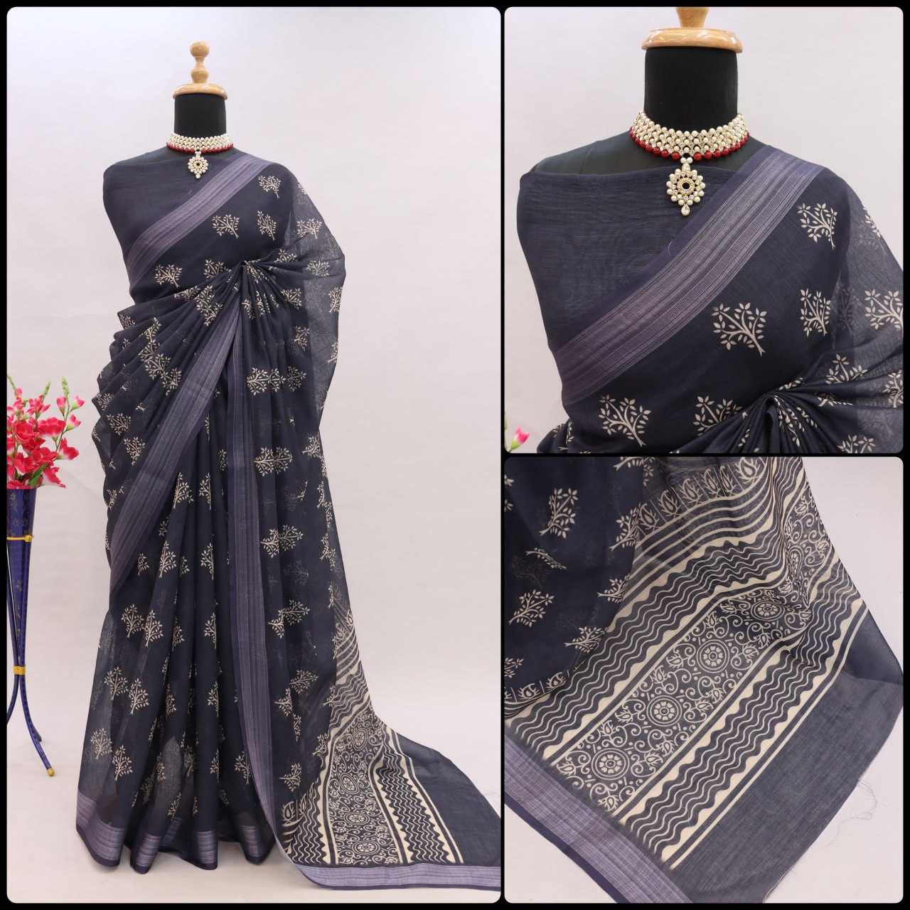 YNF LINEN KESH255 ETF03 SAREES WHOLESALE TRADITIONA PRINTED ZARI BORDER LINEN SAREES MANUFACTURER