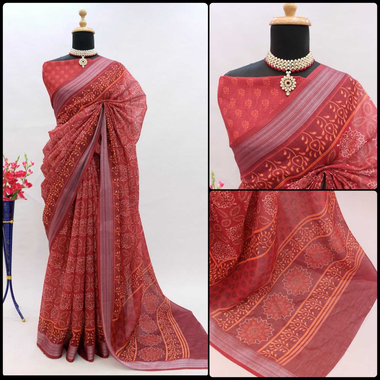 YNF LINEN KESH255 ETF03 SAREES WHOLESALE TRADITIONA PRINTED ZARI BORDER LINEN SAREES MANUFACTURER