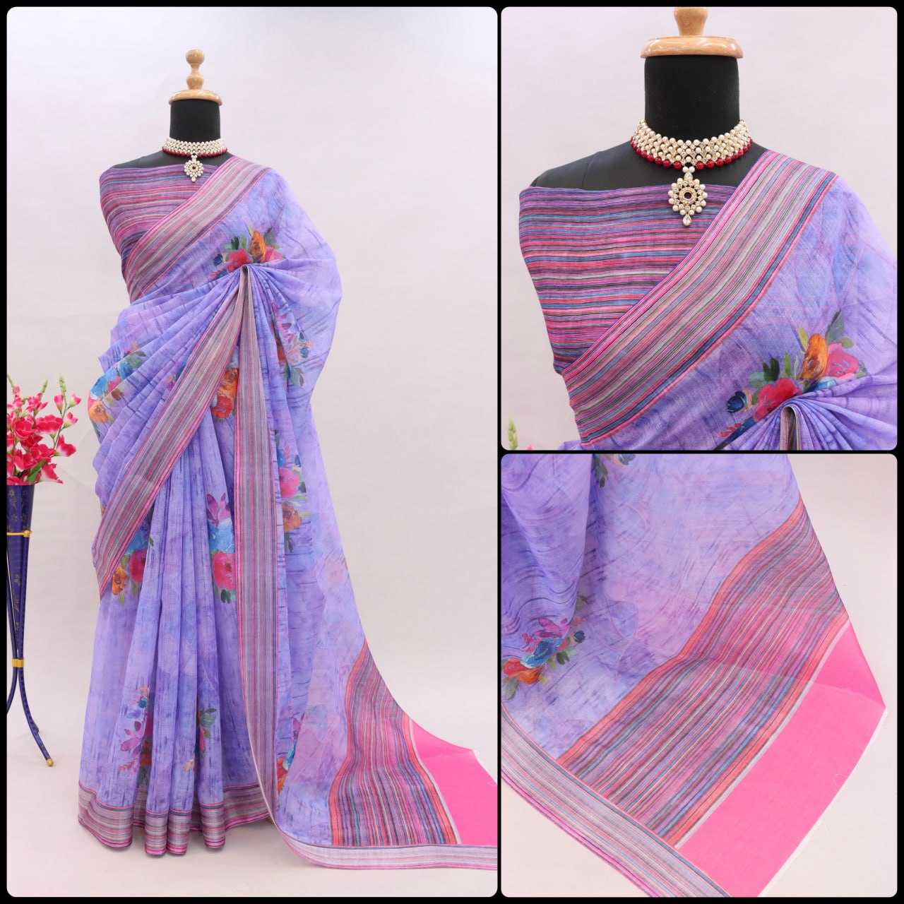 YNF LINEN KESH255 ETF03 SAREES WHOLESALE TRADITIONA PRINTED ZARI BORDER LINEN SAREES MANUFACTURER