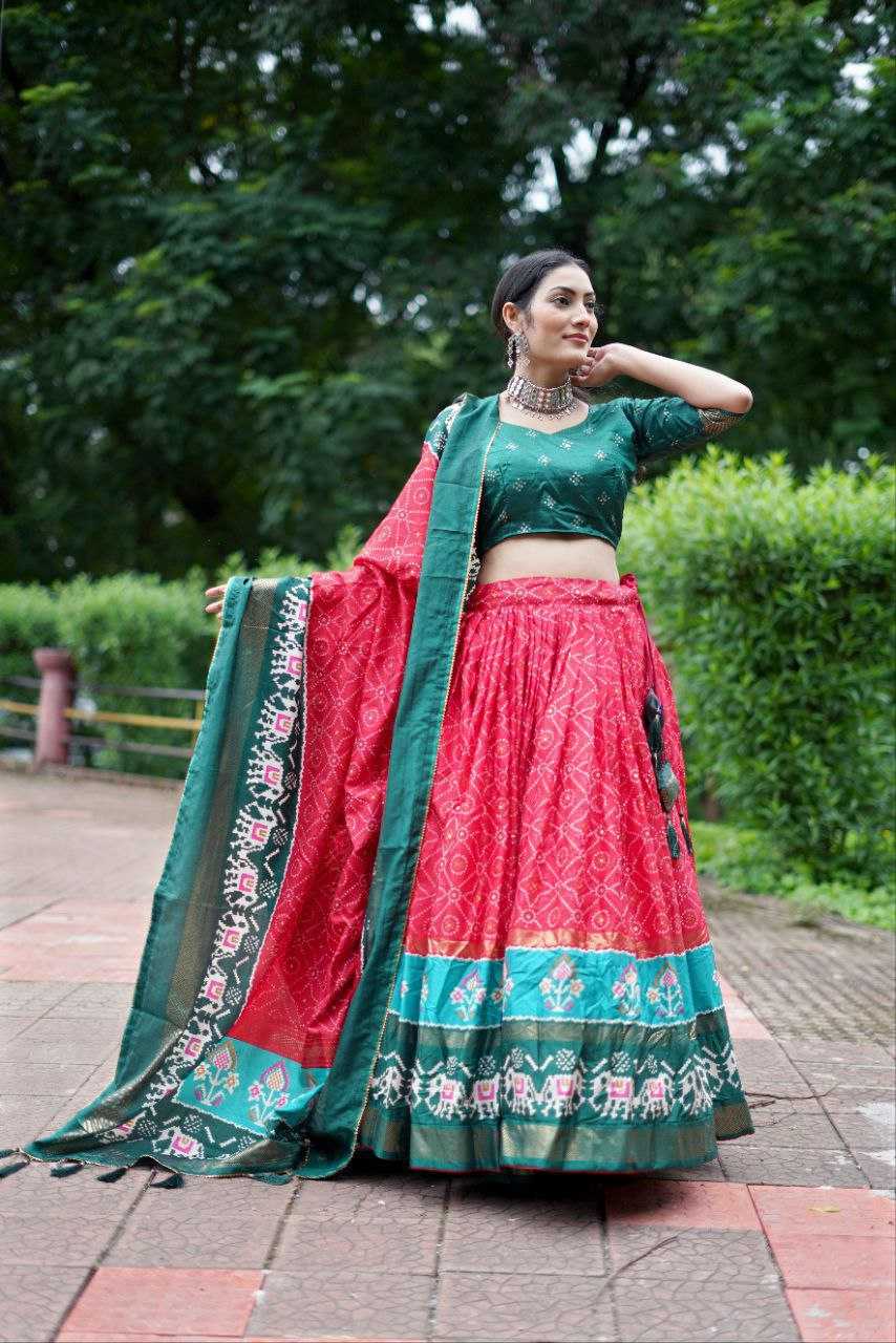 YNF TUSSAR SILK KESH187 Ekta bandhni LEHENGAS WHOLESALE TRADITIONAL SILK PRINTED RED LEHENGA WITH DUPTTA WEDDING LEHENGAS MANUFACTURER