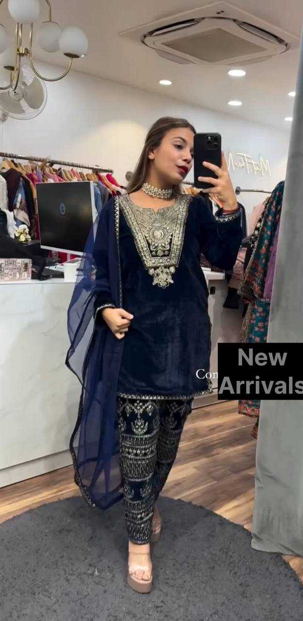 YNF VELVET KESH147 232 SUITS & DRESSES WHOLESALE EMBROPIDERY VELVET PARTY WEAR BLUE SUITS MANUFACTURE