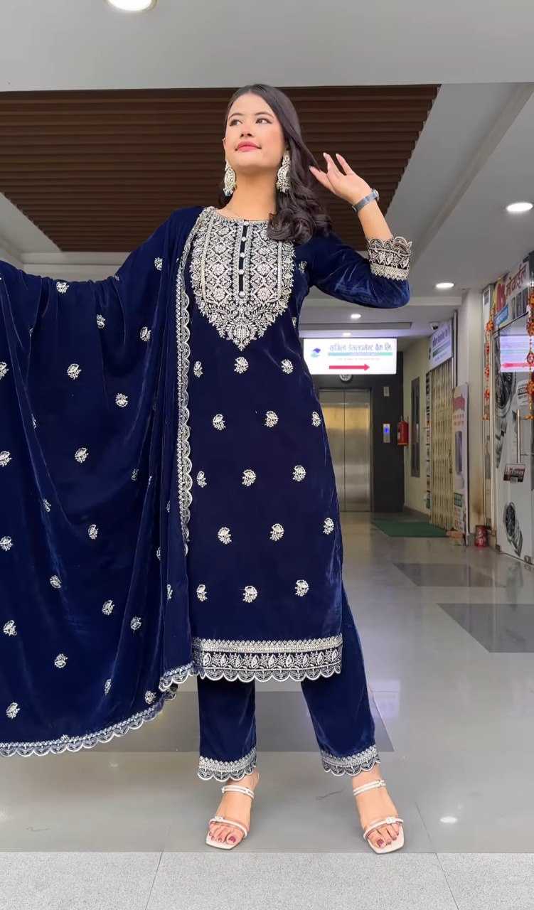 YNF VELVET KESH164 G79 SUITS & DRESSES WHOLESALE EMBROPIDERY VELVET WEDDING BLUE SUITS MANUFACTURE