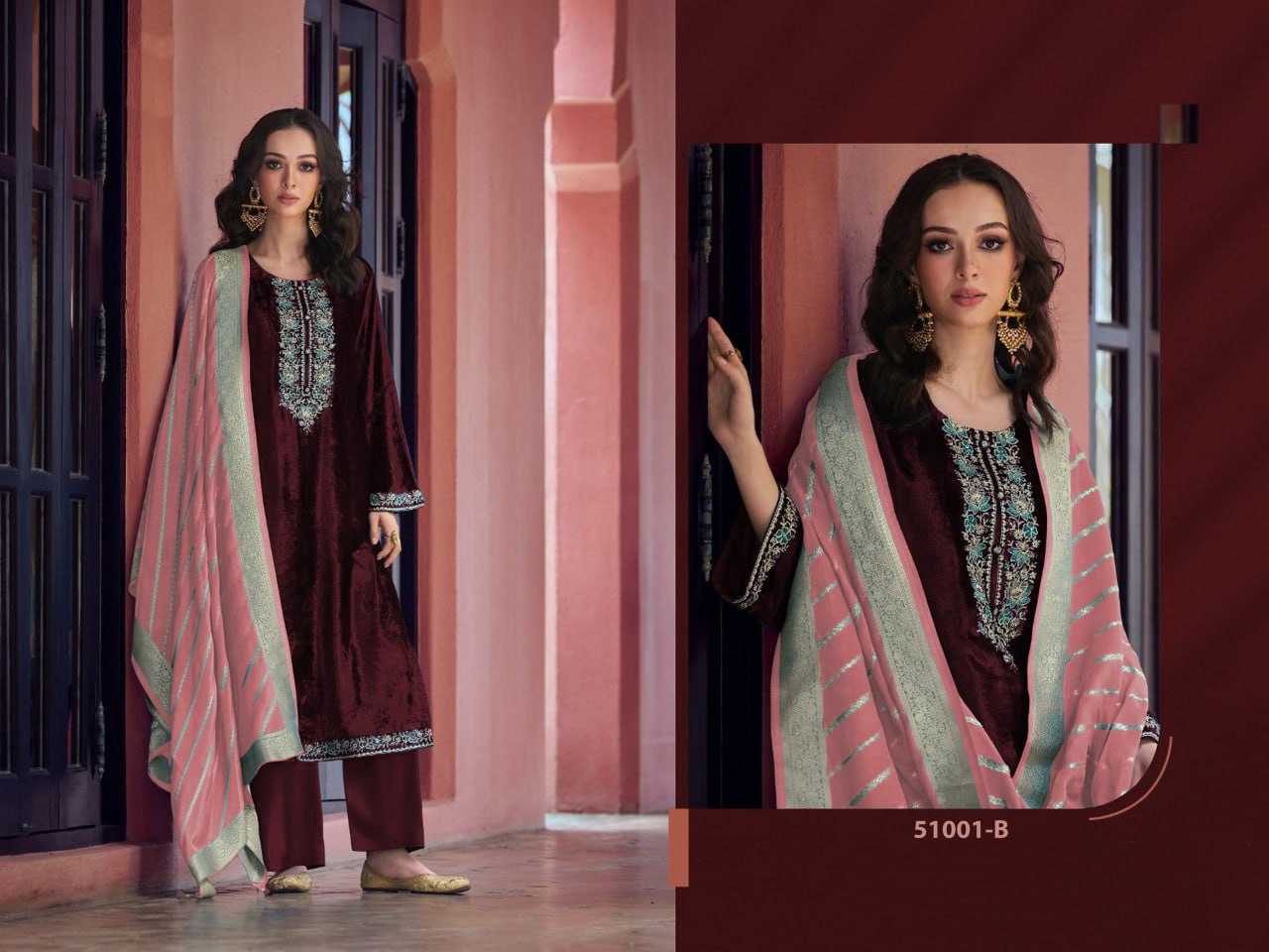 YNF VELVET RIN131 51001 SUITS & DRESSES WHOLESALE SEMI STITCHED EMBROIDERED WEDDING SUITS MANUFACTURER