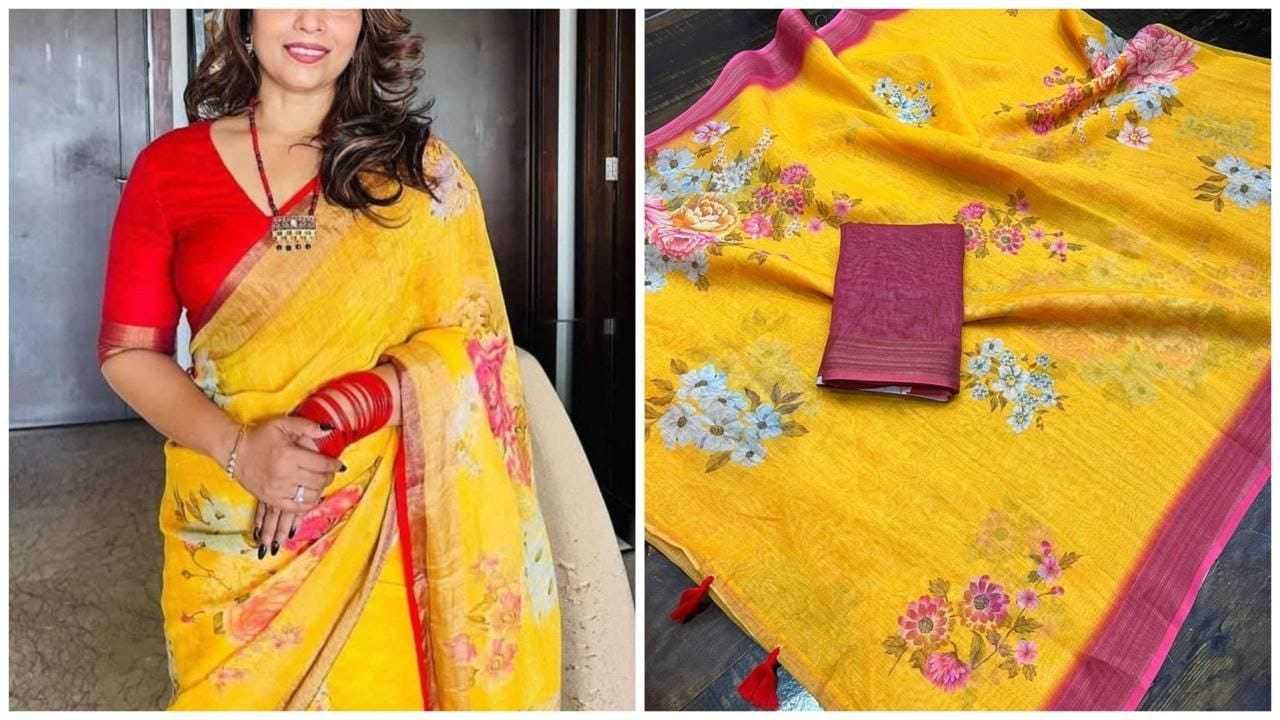 YNF LINEN KESH223 424 SAREE WHOLESALE LINEN PRINTED ZARI BORDER SAREE MANUFACTURER