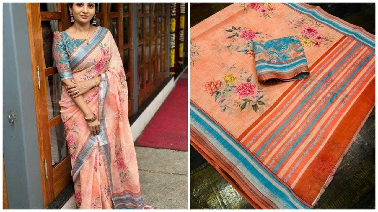 YNF LINEN KESH223 424 SAREE WHOLESALE LINEN PRINTED ZARI BORDER SAREE MANUFACTURER