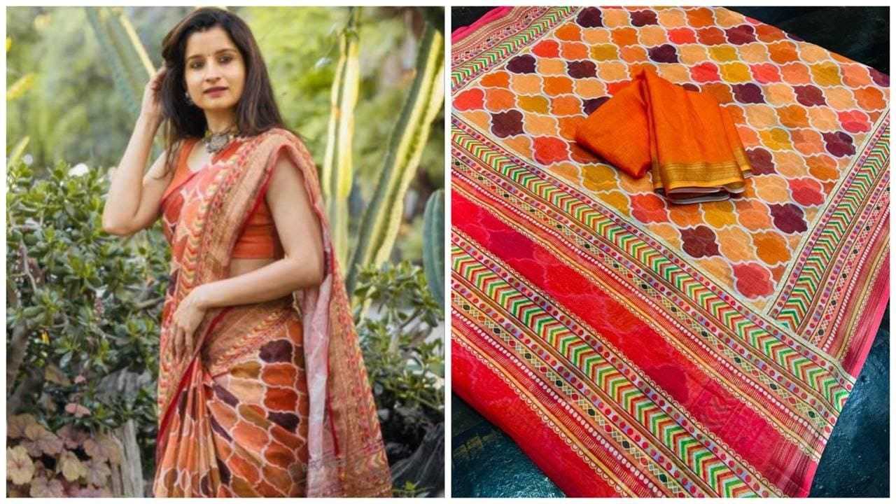 YNF LINEN KESH223 424 SAREE WHOLESALE LINEN PRINTED ZARI BORDER SAREE MANUFACTURER