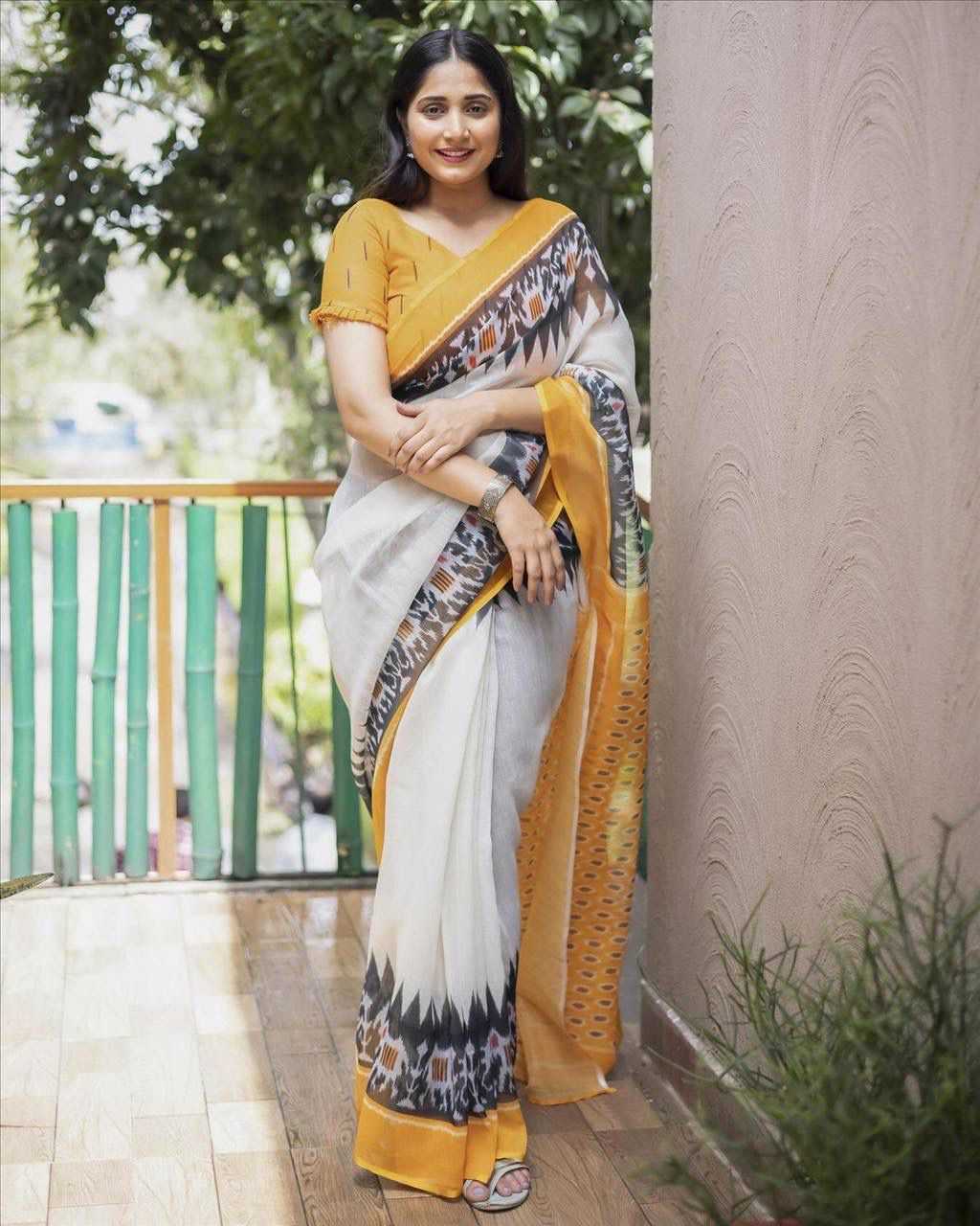 YNF LINEN RIN183 SUHANI SAREE WHOLESALE LINEN IKKAT PRINTED SAREE MANUFACTURER