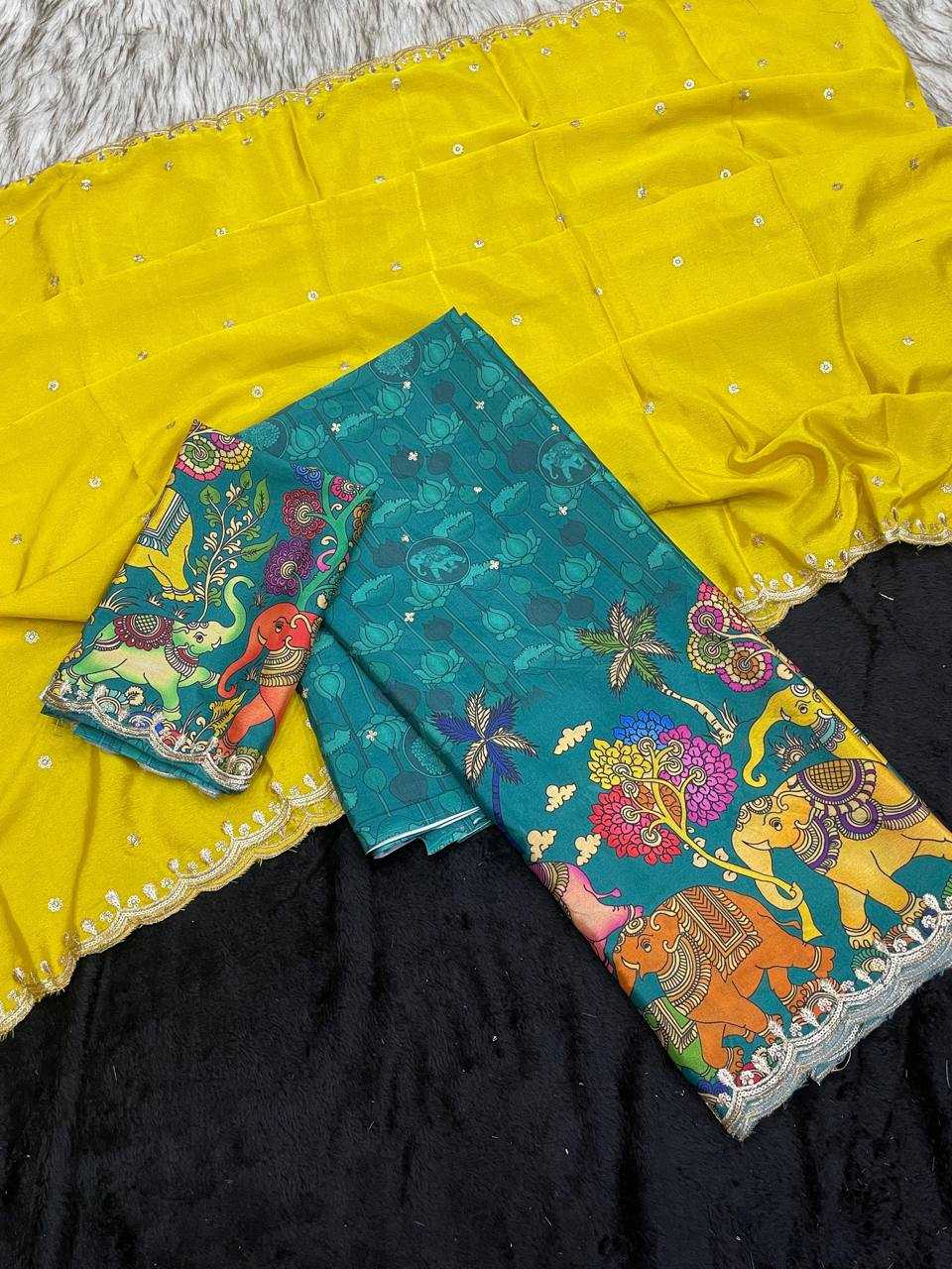 Ynf Chinon Silk RIN124 Elephant Kalamkari Silk Sarees Wedding Collections Festive Collections Wholesale Designer Silk Sarees Kalamkari Silk Sarees Embroidered Silk Sarees Manufacturer