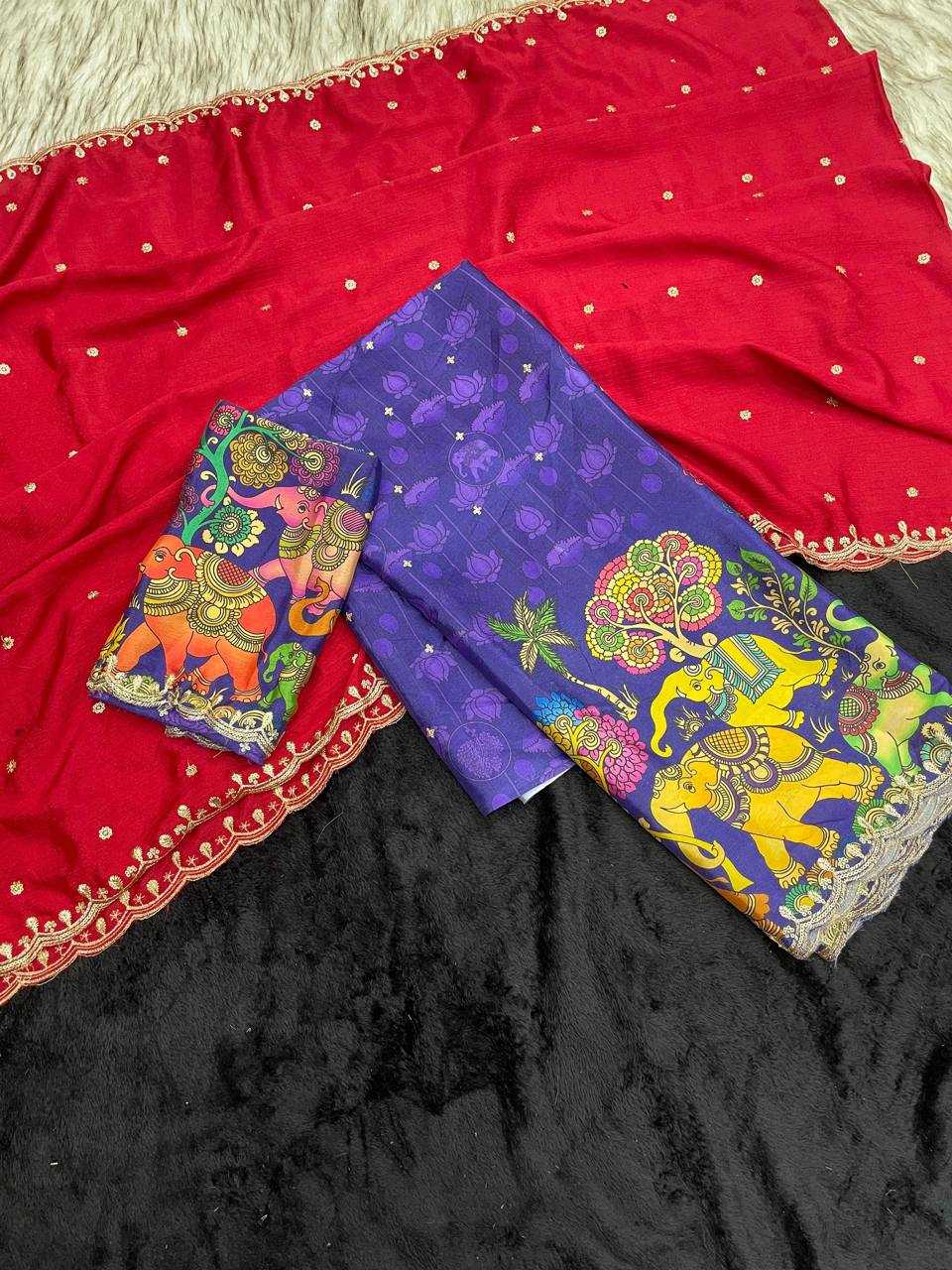 Ynf Chinon Silk RIN124 Elephant Kalamkari Silk Sarees Wedding Collections Festive Collections Wholesale Designer Silk Sarees Kalamkari Silk Sarees Embroidered Silk Sarees Manufacturer