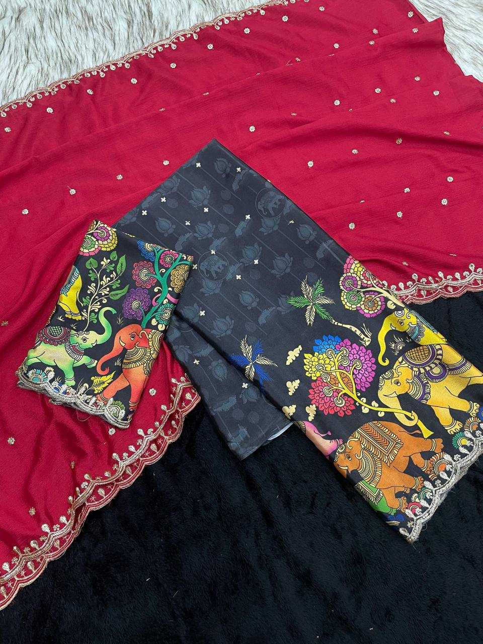 Ynf Chinon Silk RIN124 Elephant Kalamkari Silk Sarees Wedding Collections Festive Collections Wholesale Designer Silk Sarees Kalamkari Silk Sarees Embroidered Silk Sarees Manufacturer