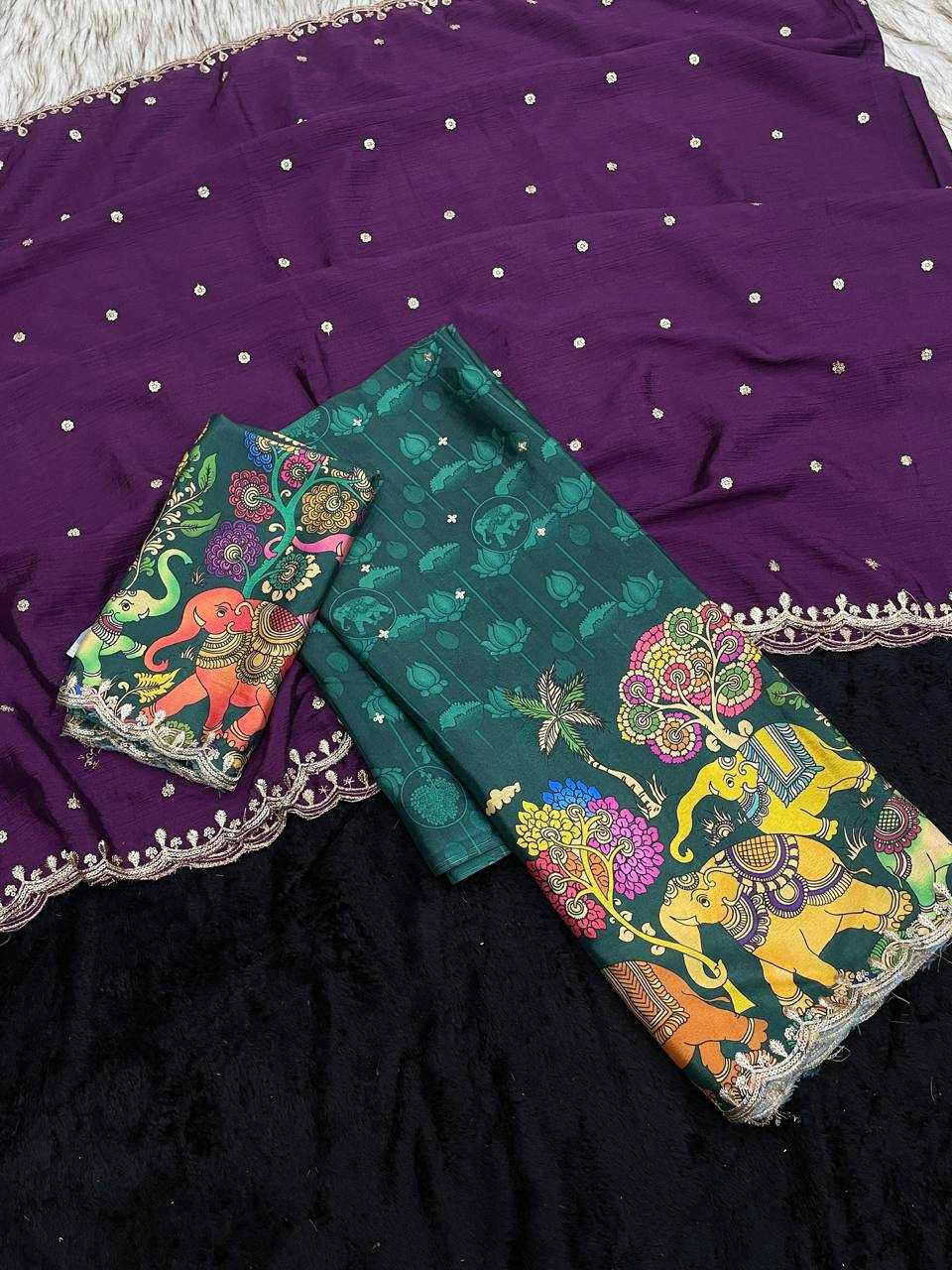 Ynf Chinon Silk RIN124 Elephant Kalamkari Silk Sarees Wedding Collections Festive Collections Wholesale Designer Silk Sarees Kalamkari Silk Sarees Embroidered Silk Sarees Manufacturer