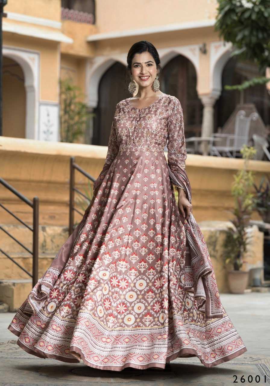 Ynf Dola Silk RIN131 SAMANTA Gowns Wholesale Printed Gowns Silk Gowns Gown With Belt Manufacturer