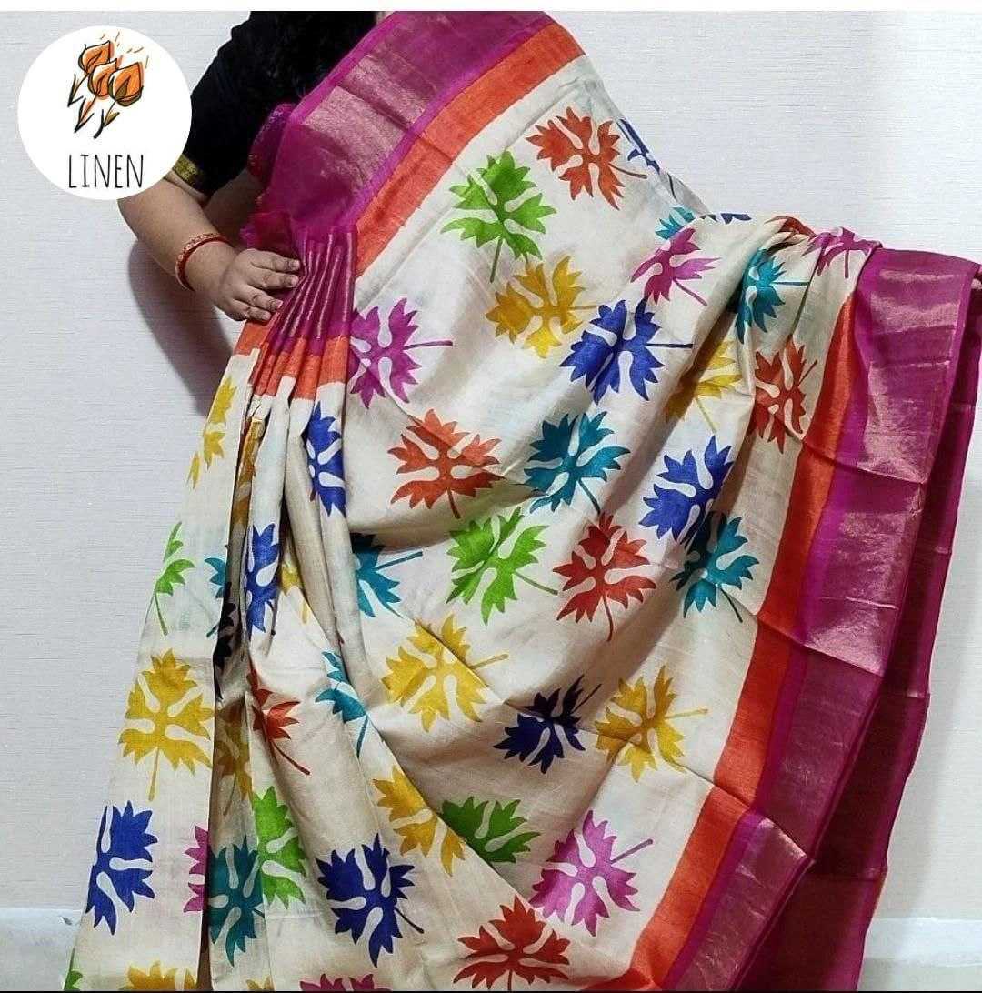 Ynf Linen KESH242 MG532 Sarees Wholesale Printed Sarees Zari Border Sarees Linen Sarees Manufacturer