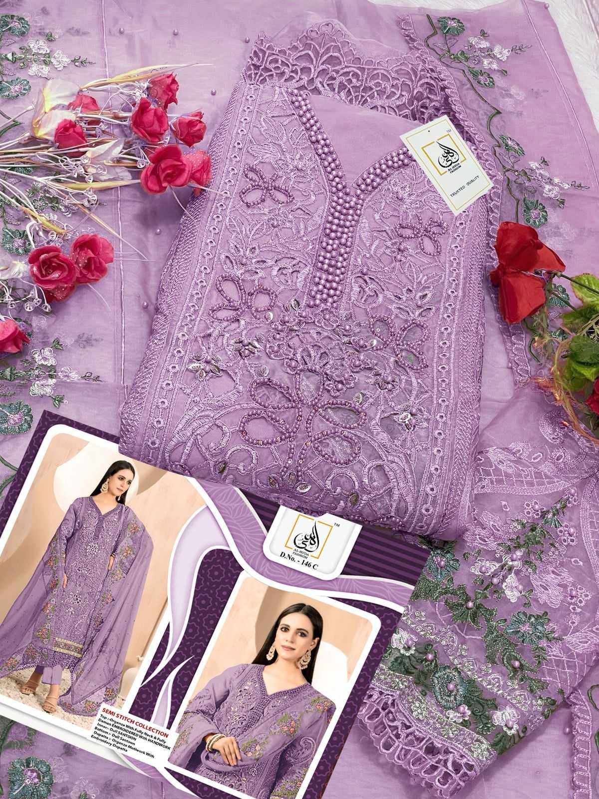 Ynf Organza RIN186 AL-HUDA-SEMI STITCH COLLECTION Suits & Dresses Islamic Clothing Festive Collections Wholesale Pakistani Suits Embroidery Suits Party wear suits Manufacturer