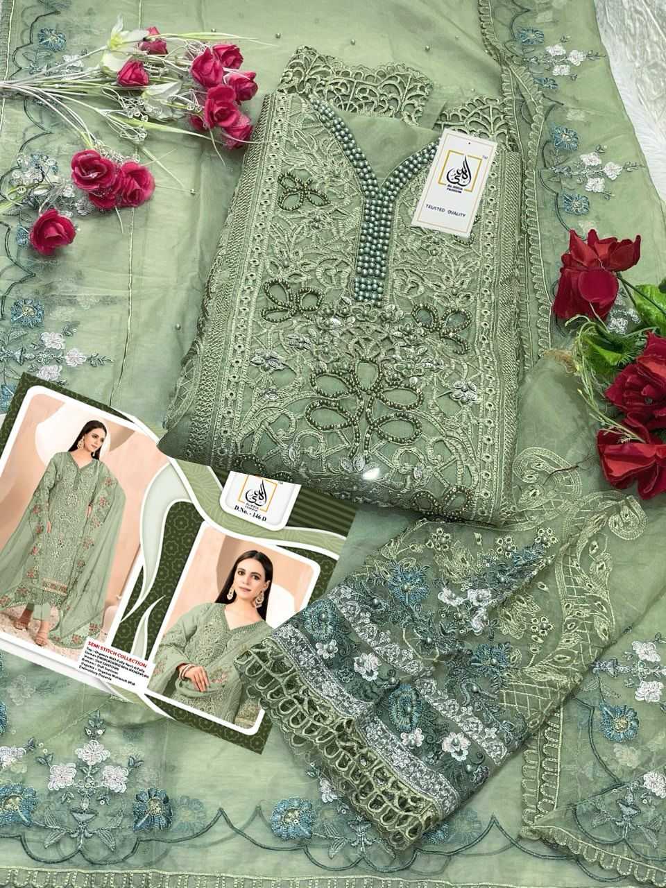 Ynf Organza RIN186 AL-HUDA-SEMI STITCH COLLECTION Suits & Dresses Islamic Clothing Festive Collections Wholesale Pakistani Suits Embroidery Suits Party wear suits Manufacturer