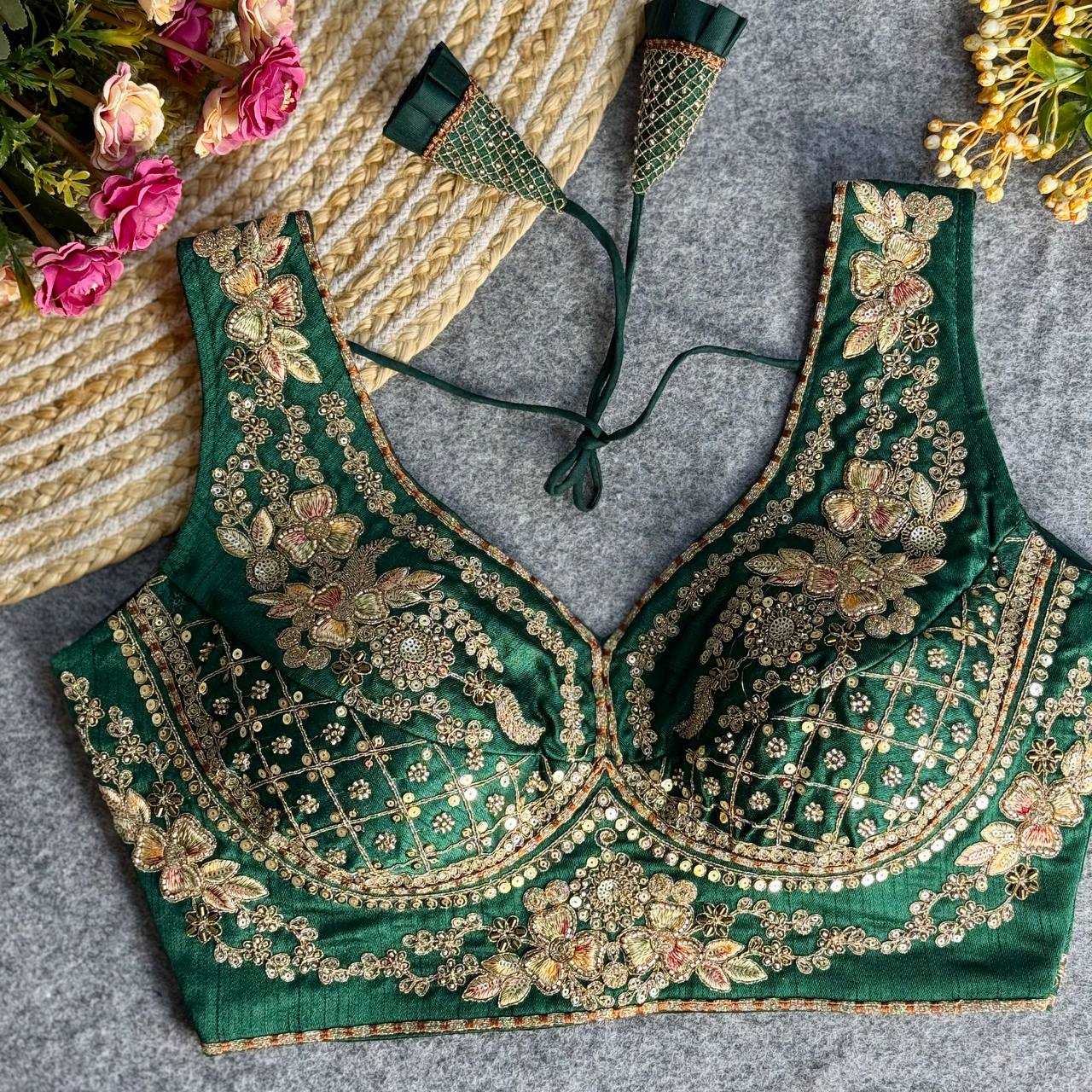 Ynf Italian Silk KESH111 NEACK BRIDAL BLOUSE Readymade Blouses Wholesale V-Neck Blouses Sequence Embroidery Blouse Sleeveless Blouse Manufacturer