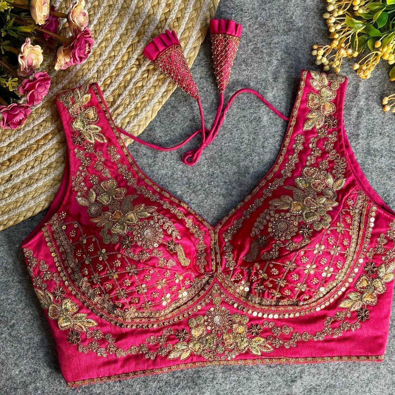 Ynf Italian Silk KESH111 NEACK BRIDAL BLOUSE Readymade Blouses Wholesale V-Neck Blouses Sequence Embroidery Blouse Sleeveless Blouse Manufacturer