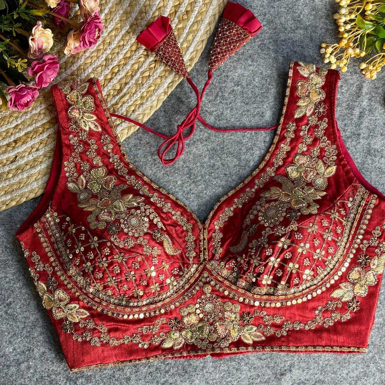 Ynf Italian Silk KESH111 NEACK BRIDAL BLOUSE Readymade Blouses Wholesale V-Neck Blouses Sequence Embroidery Blouse Sleeveless Blouse Manufacturer
