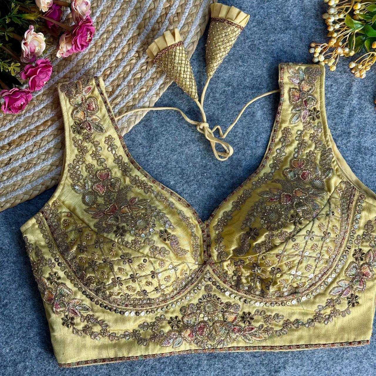Ynf Italian Silk KESH111 NEACK BRIDAL BLOUSE Readymade Blouses Wholesale V-Neck Blouses Sequence Embroidery Blouse Sleeveless Blouse Manufacturer