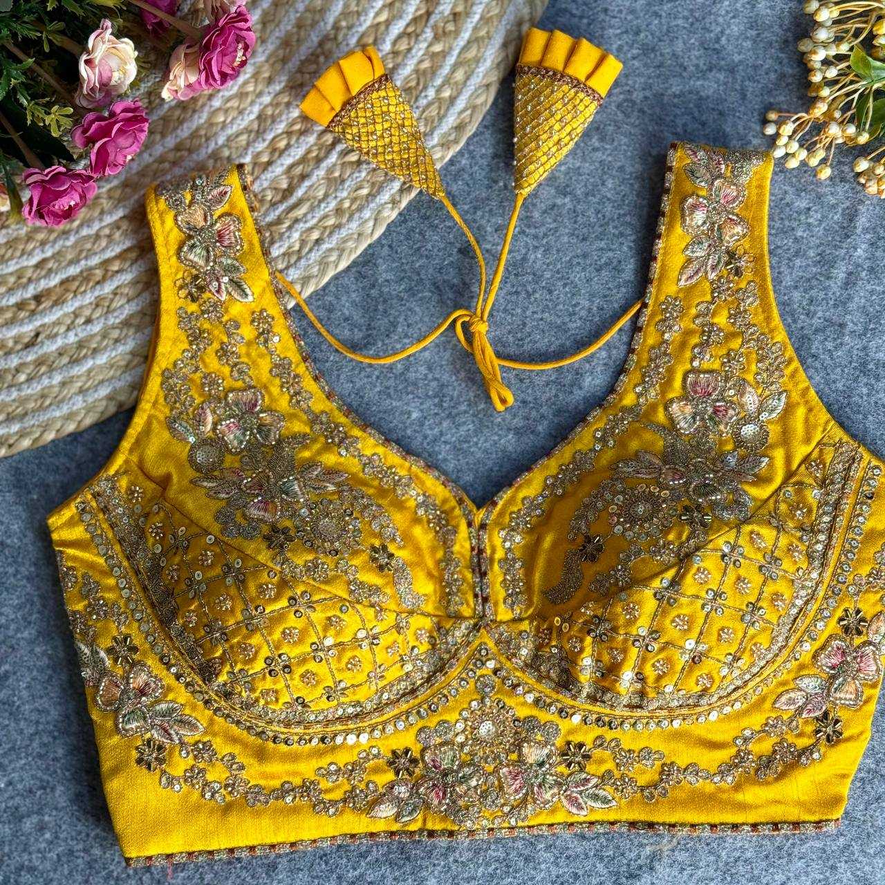 Ynf Italian Silk KESH111 NEACK BRIDAL BLOUSE Readymade Blouses Wholesale V-Neck Blouses Sequence Embroidery Blouse Sleeveless Blouse Manufacturer