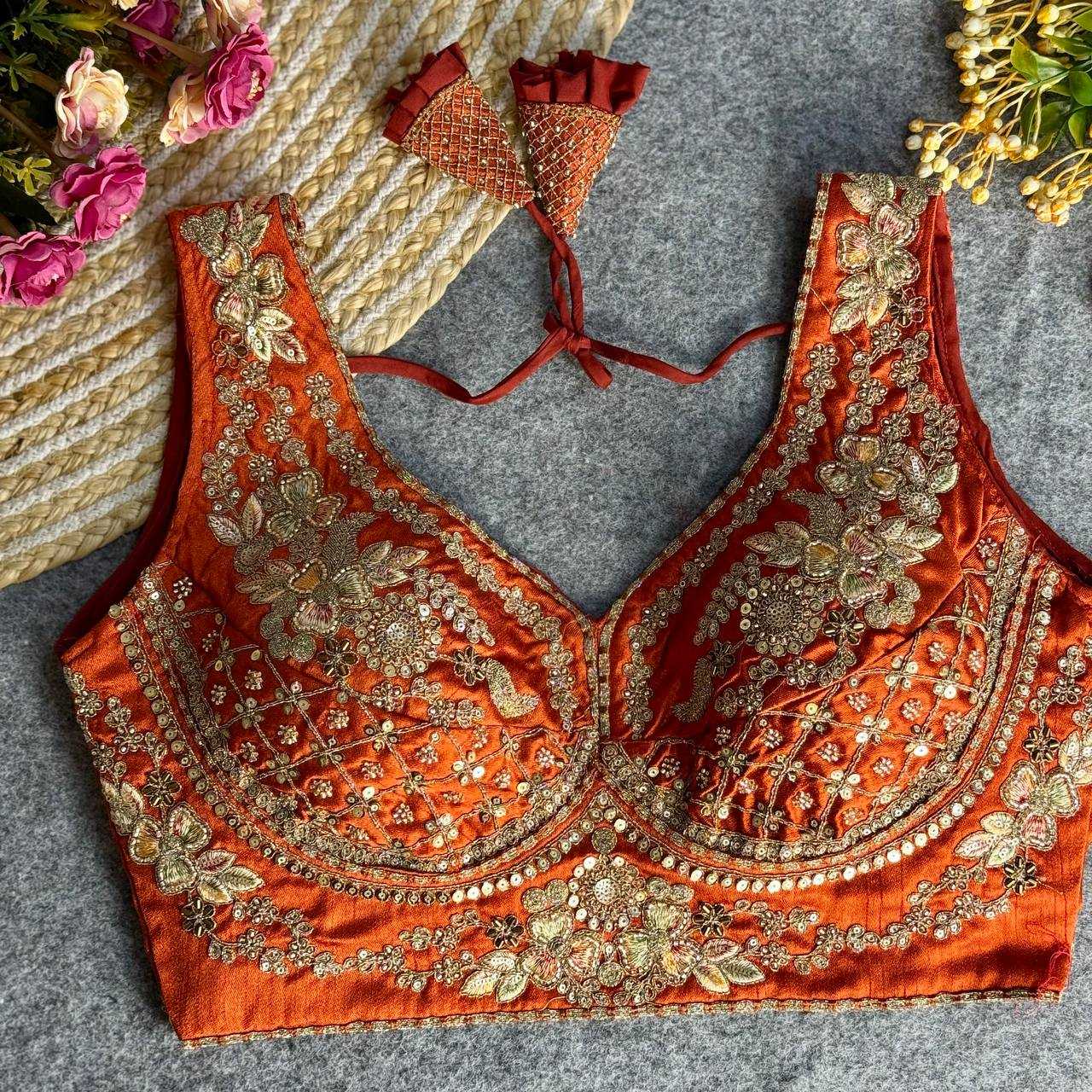 Ynf Italian Silk KESH111 NEACK BRIDAL BLOUSE Readymade Blouses Wholesale V-Neck Blouses Sequence Embroidery Blouse Sleeveless Blouse Manufacturer