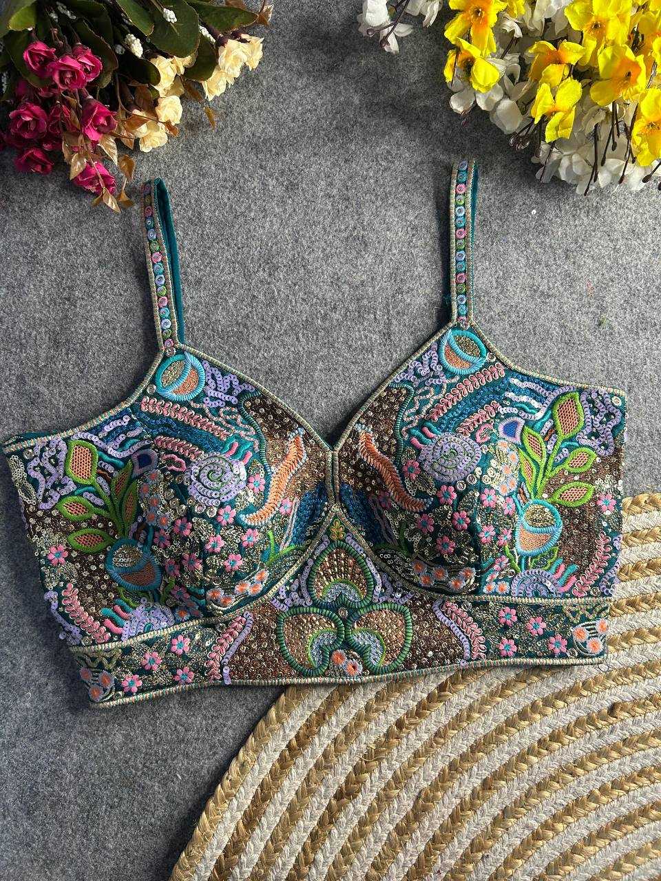 Ynf Italian Silk KESH111 Spaghetti Blouse Readymade Blouses Wholesale V-Neck Blouses Sequence Embroidery Blouse Sleeveless Blouse Manufacturer