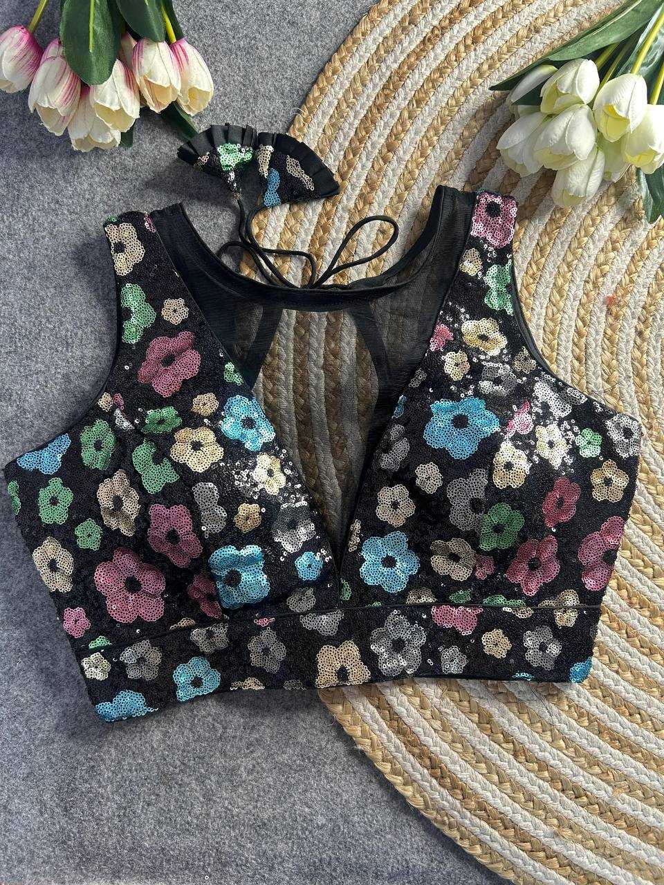 Ynf Net KESH111 Sequence Work Blouse Readymade Blouses Wholesale V-Neck Blouses Printed Blouse Sequence Embroidery Blouse Sleeveless Blouse Manufacturer