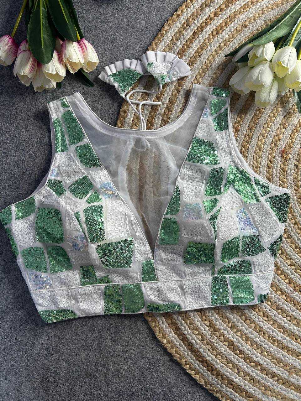 Ynf Net KESH111 Sequence Work Blouse Readymade Blouses Wholesale V-Neck Blouses Printed Blouse Sequence Embroidery Blouse Sleeveless Blouse Manufacturer