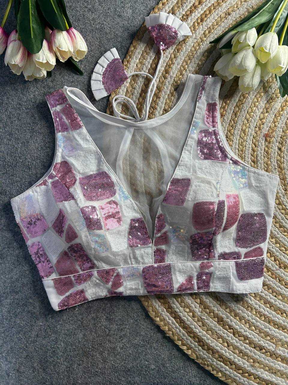 Ynf Net KESH111 Sequence Work Blouse Readymade Blouses Wholesale V-Neck Blouses Printed Blouse Sequence Embroidery Blouse Sleeveless Blouse Manufacturer