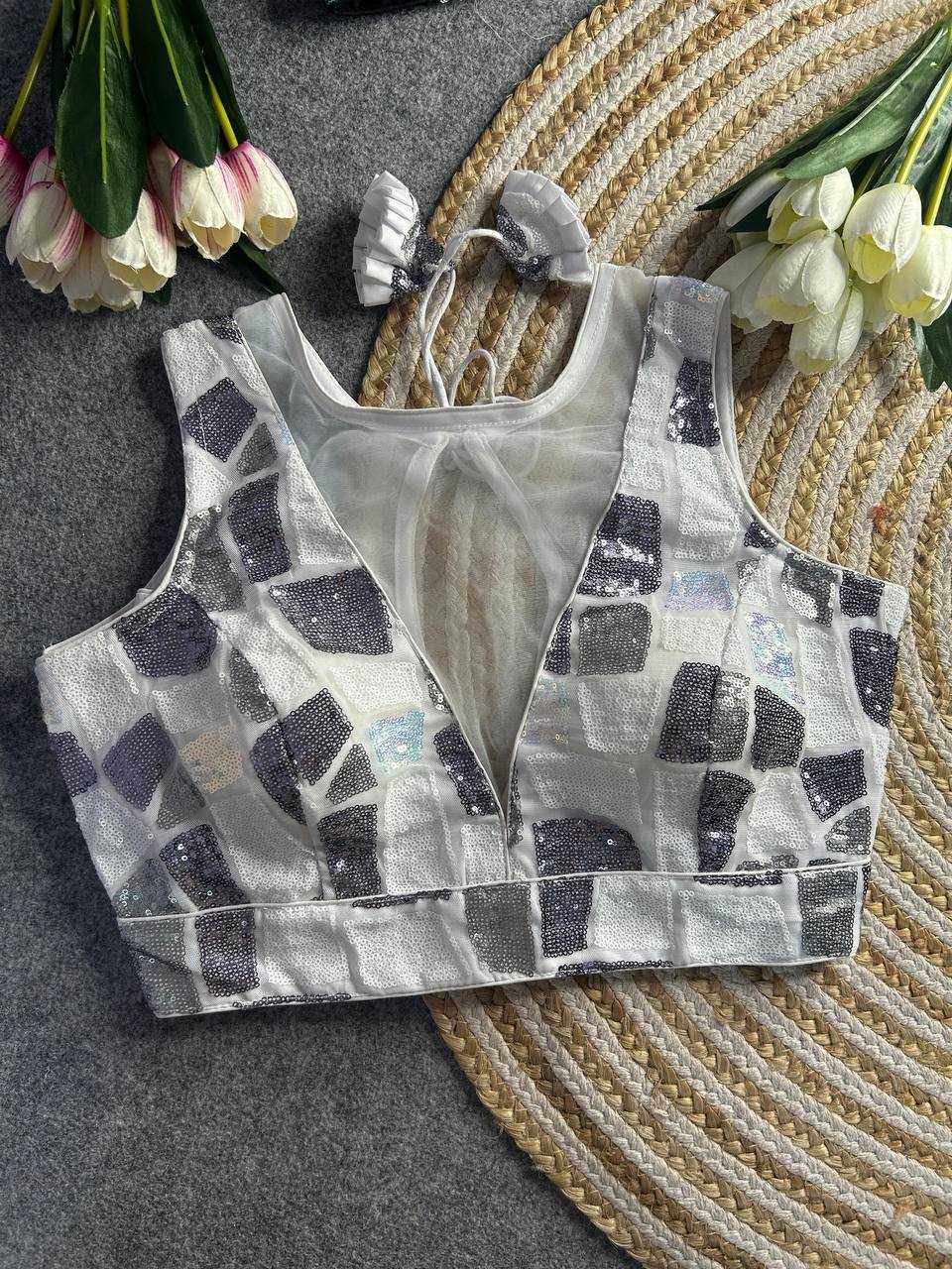 Ynf Net KESH111 Sequence Work Blouse Readymade Blouses Wholesale V-Neck Blouses Printed Blouse Sequence Embroidery Blouse Sleeveless Blouse Manufacturer