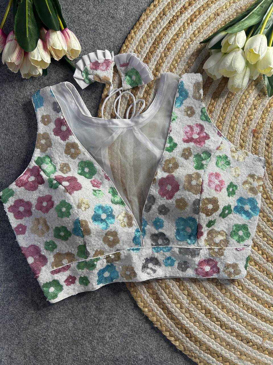 Ynf Net KESH111 Sequence Work Blouse Readymade Blouses Wholesale V-Neck Blouses Printed Blouse Sequence Embroidery Blouse Sleeveless Blouse Manufacturer